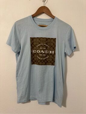 Coach Signature Square Logo Cotton Tee Shirt Classic Fit Crewneck Light Blue Sm